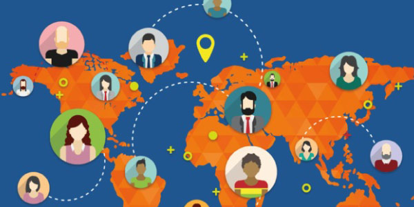 globalização cultural representada em um mapa mundi com países e pessoas conectadas numa rede