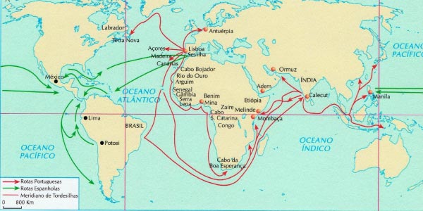 mapa grandes navegações com o trajeto dos navios europeus