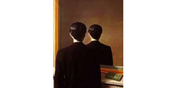 Obra-de-Magritte-homem-se-olhando-do-espelho-só-que-de-costas.-Imagem-da-questão-de-português-do-Enem