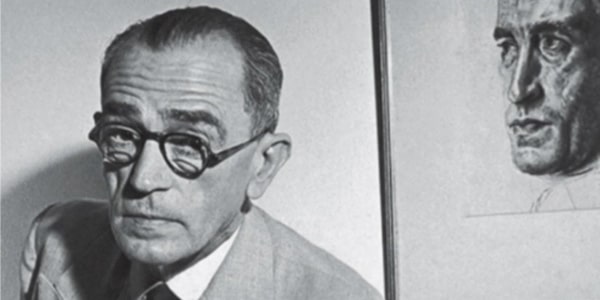 Resumo-de-São-bernardo-de-Graciliano-Ramos-foto-do-autor-do-livro-usando-óculos-e-de-perfil-com-uma-caricatura-do-lado