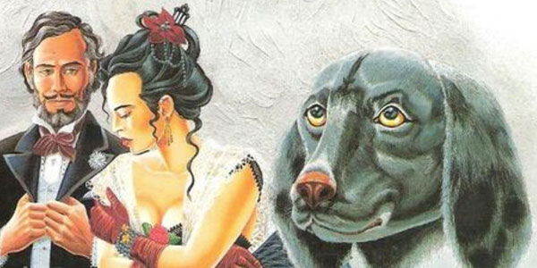 Desenho-dos-personagens-de-Quincas-Borba-Sofia-e-Pedro-Rubião-com-o-cachorro-chamado-Quincas-Borba
