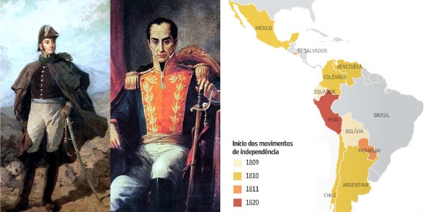 Mapa-da-Independência-da-América-Espanhola-e-seus-principais-representantes-Simon-Bolívar-e-José de San-Martín