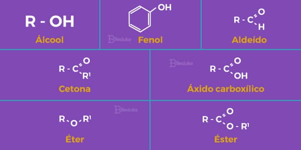 imagem-da-fórmula-estrutural-e-grupo-funcional-das-funções-oxigenadas-alcool-enol-fenol-cetona-ester-eter-acido-carboxilico