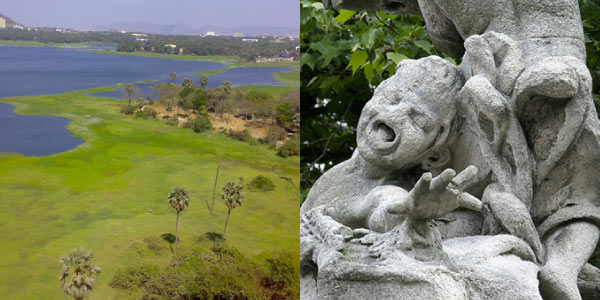 Impactos-do-nitrogenio-no-meio-ambiente-lago-eutrofizado-e-chuva-ácida-corroendo-estátua