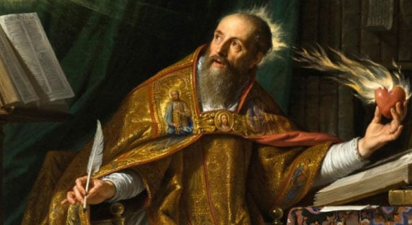 Imagem-pintura-colorida-de-santo-agostinho-filosofando-com-livros-coraçao-mente-e-fe