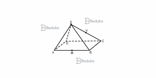 fuvest 2004 A pirâmide de base retangular ABCD e vértice E representada na figura tem volume 4. Se M é o ponto médio da aresta AB e V é o ponto médio da aresta EC, então o volume