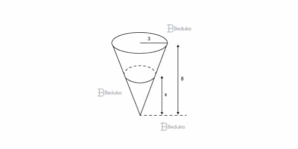 fuvest Um copo em forma de cone com altura 8 cm e raio da base 3 cm. Queremos enchê-lo com quantidades iguais de suco e de água (2)